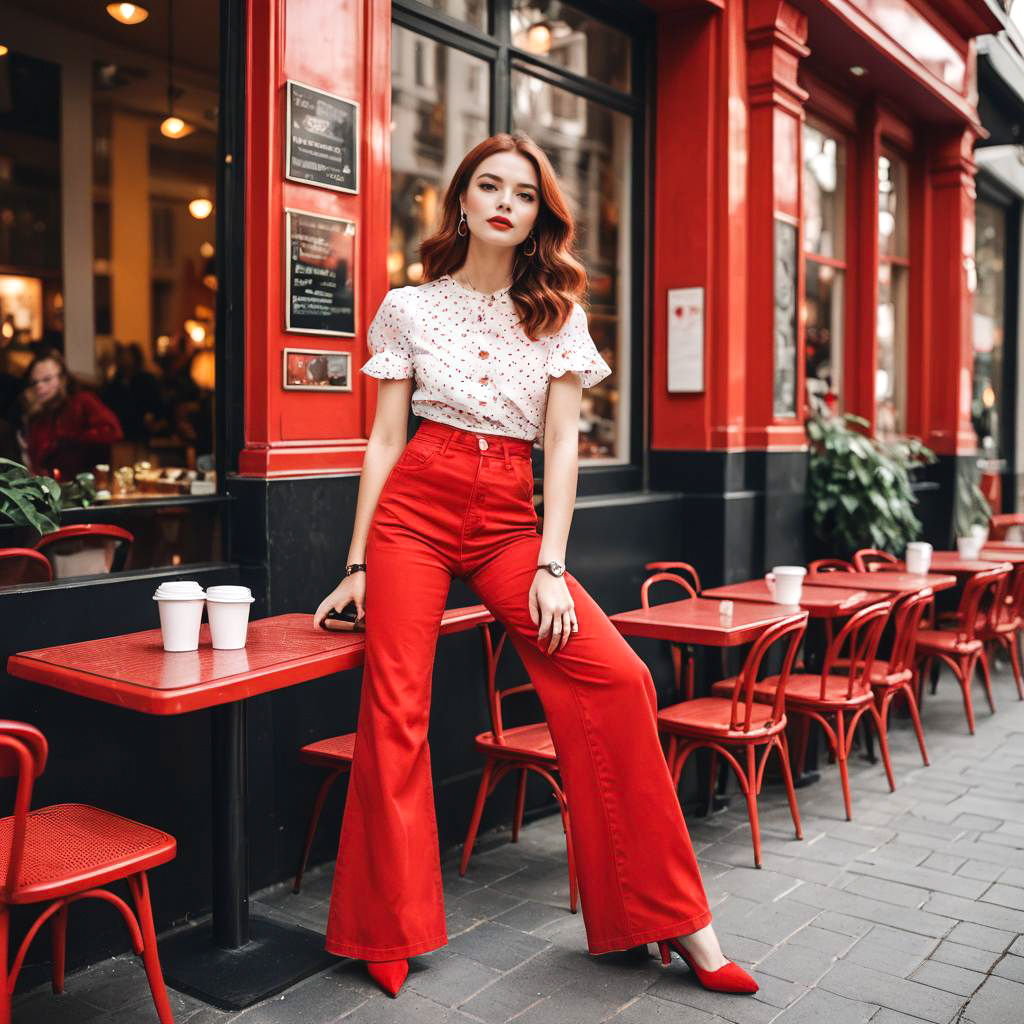 Chic Woman in Red High-Waisted Jeans