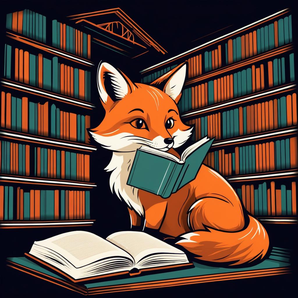 Vintage Fox Reading in Library Illustration