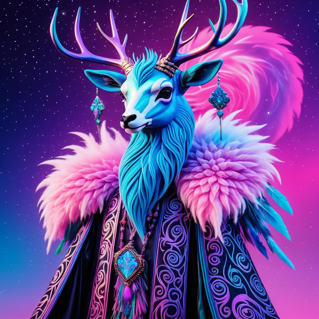 Whimsical Skeletal Deer in Peacock Robes