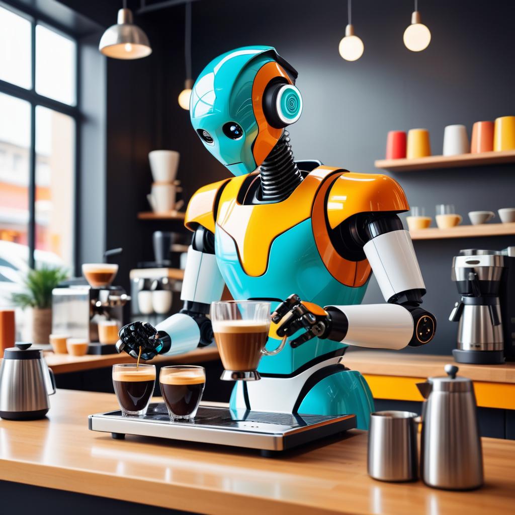 Cartoon Robot Barista Brewing Espresso Fun