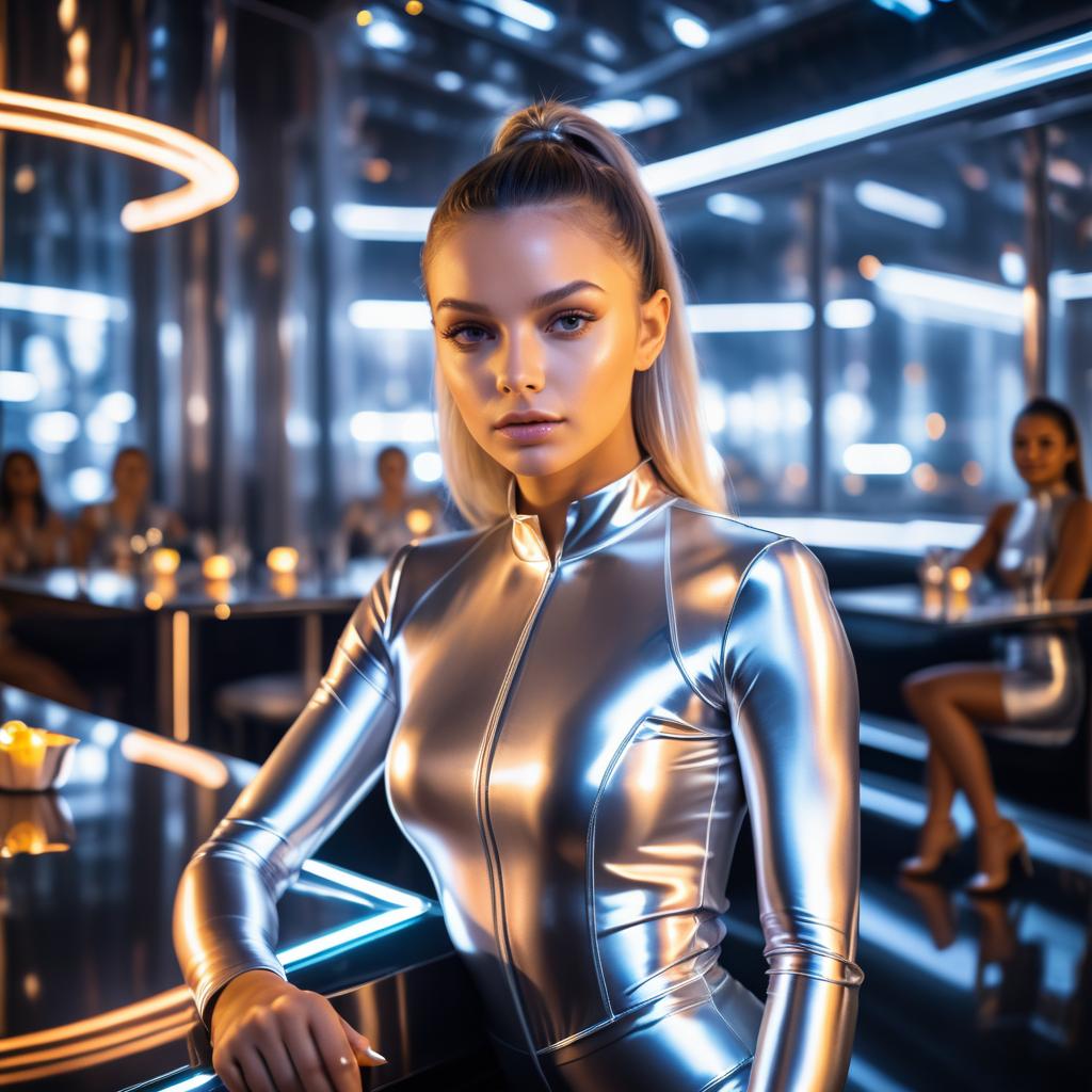 Futuristic Dining: Athletic Girl in Silver