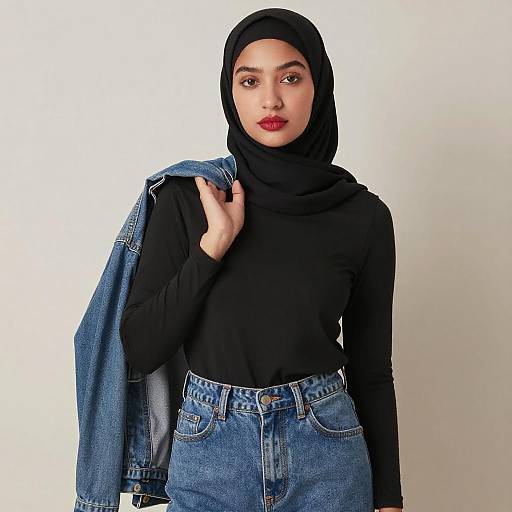 Young Woman in Black Hijab and Denim