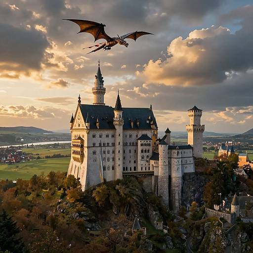 Photograph of a medieval castle with tall towers, surrounded by forest, under a dramatic sunset sky with a flying dragon.