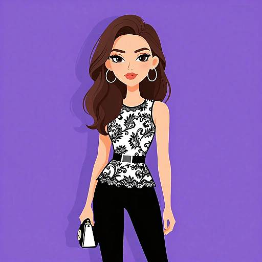 Digital illustration of a stylish woman with long brown hair, wearing a black and white floral top, black pants, and hoop earrings, holding a white clutch