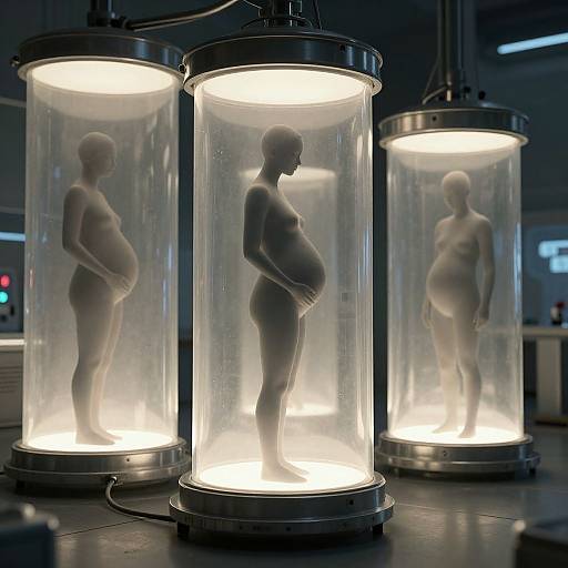 Photorealistic CGI of three pregnant, nude women in illuminated, cylindrical glass enclosures, standing in a futuristic, dimly lit lab.