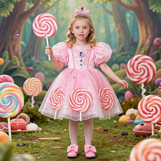 Photograph of a blonde, blue-eyed little girl in a pink candy-themed dress, holding a large pink swirl lollipop, standing in a whimsical