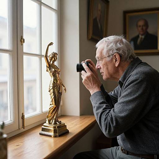 Elderly man with white hair and glasses, wearing a gray sweater, closely examines a golden statue with a camera by a window. Photographed in