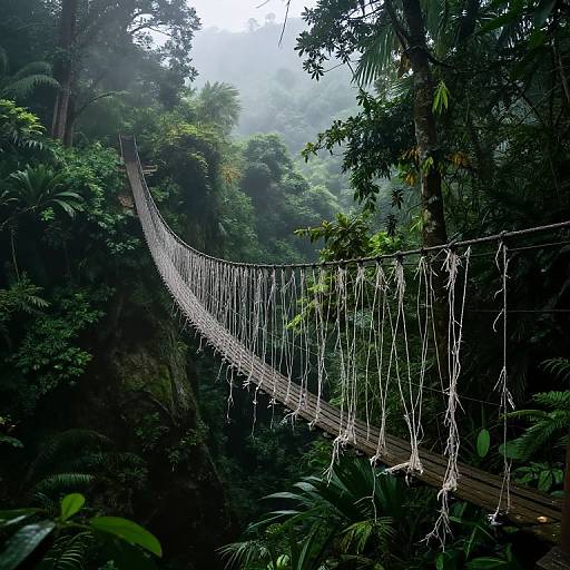 Photograph of a dense, misty jungle with a suspended rope bridge, surrounded by lush green foliage and towering trees.