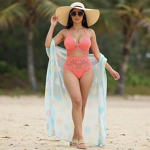 Photograph of a curvy woman with tan skin, wearing a neon pink crochet bikini, wide-brimmed straw hat, sunglasses, and transparent floral