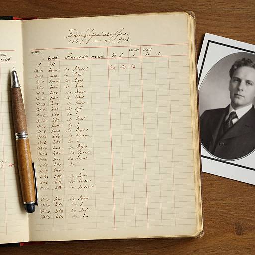 Photograph of an open vintage notebook with handwritten schedule, wooden pen, and black-and-white portrait of a man on wooden table.