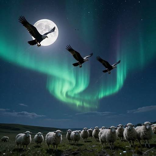 Photograph of a nighttime field with a full moon, green aurora borealis, and three black crows flying above a herd of woolly sheep