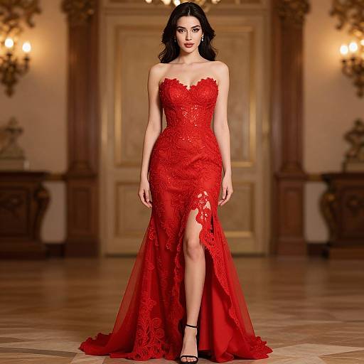Photograph of a fair-skinned woman with black hair in a strapless, red lace gown with thigh-high slit, standing in an opulent,