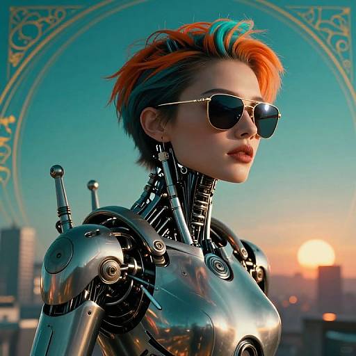 Cyberpunk-style photograph of a woman with bright orange and blue hair, metallic robotic chest, and black sunglasses, against a sunset cityscape.