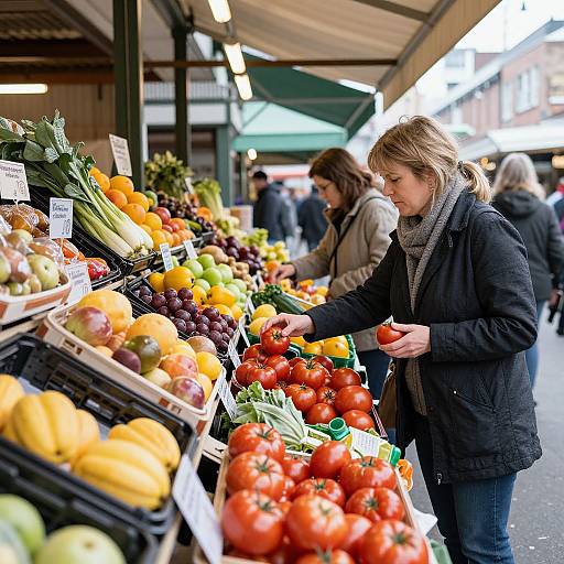 Photograph of a busy outdoor market stall with colorful vegetables, a blonde woman in a black coat selecting tomatoes, and other shoppers in the background.