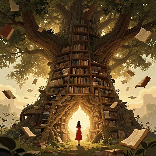 Digital art: A girl in a red dress stands before a massive, tree-like bookshelf with books floating in the golden sunlight.