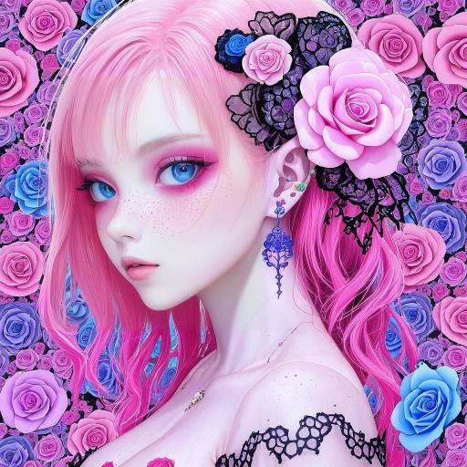 Fantasy Girl with Pink Hair and Floral Accessories