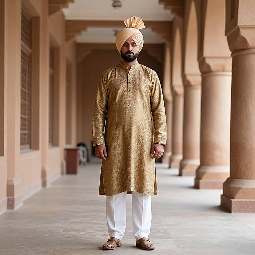 Photograph of a bearded man in a golden traditional Punjabi kurta, white pants, brown sandals, and beige turban, standing in a
