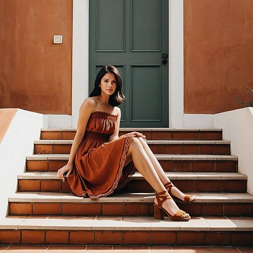 Woman in Terracotta Dress Sitting on Steps