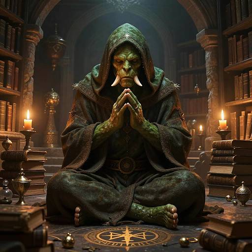 Digital artwork of a green-skinned, horned orc in a dark hooded robe, praying in a dimly lit, candle-lit library.