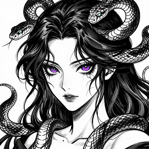 Digital black-and-white anime-style portrait of a woman with long, wavy hair entwined by snakes, featuring striking purple eyes and a calm expression