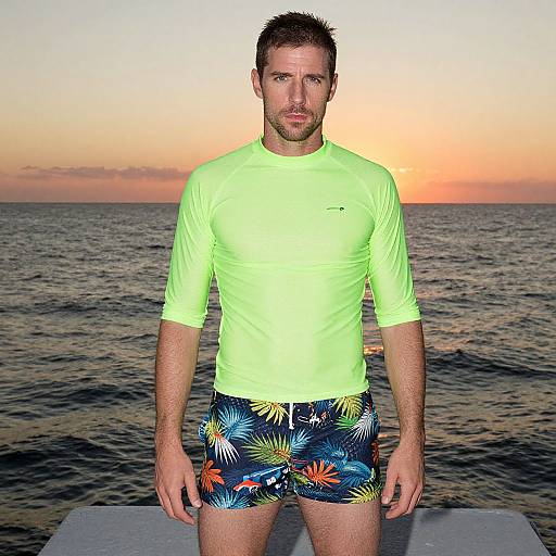 Photograph of a man with short brown hair and beard, wearing a neon green shirt and colorful floral swim trunks, standing on a pier at sunset
