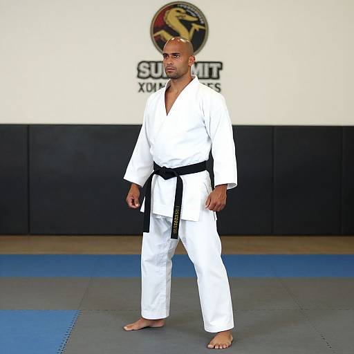 Photograph of bald, bearded Black man in white judo gi with black belt, standing barefoot on blue and gray mats, against black and