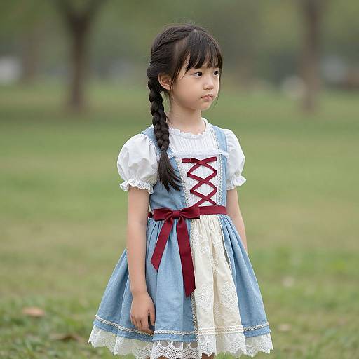 Photograph of a young Asian girl with black braids, wearing a blue and white dress with red ribbon, standing in a green park.
