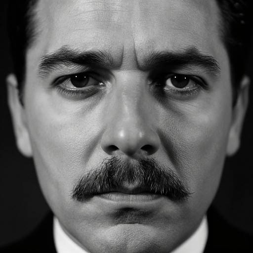 Black-and-white close-up photograph of a serious man with dark eyebrows, thick mustache, and deep-set eyes, wearing a dark suit.