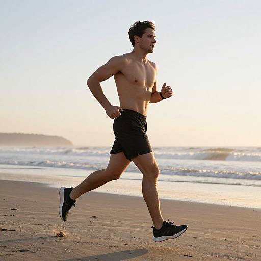 Photograph of a shirtless, muscular man with short dark hair running on a sandy beach at sunset, wearing black shorts and black sneakers.