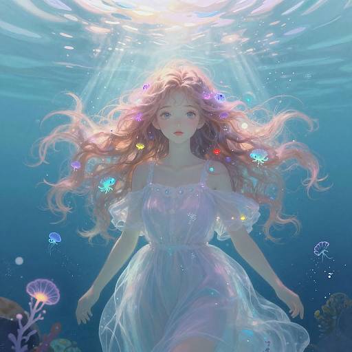 Digital art: Ethereal underwater scene with a fair-skinned, red-haired woman in a translucent dress, surrounded by colorful jellyfish and sunlight rays.