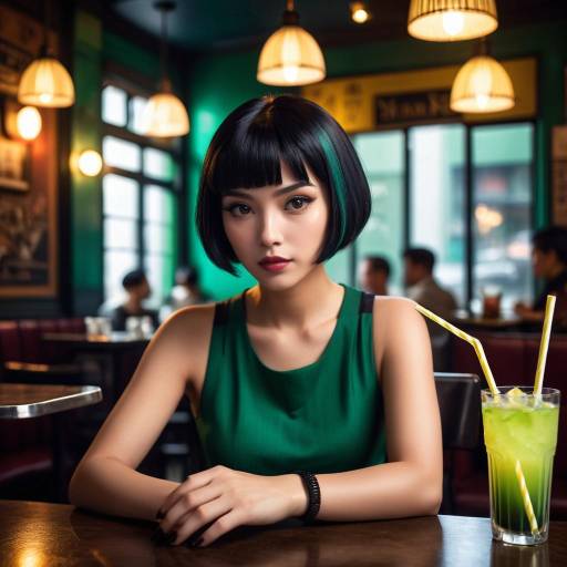 Young Woman in Green Dress at Cafe