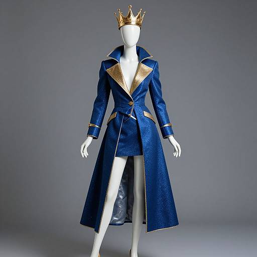 Photograph of a white mannequin wearing a royal blue, long, textured coat with gold trim and a gold crown, set against a gray background