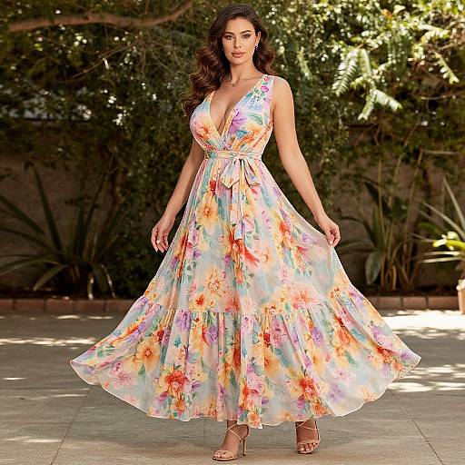 Photograph of a curvy woman with long dark hair, wearing a vibrant floral sundress with a deep V-neck, standing outdoors in a sunlit
