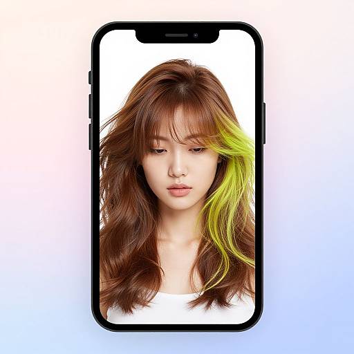 Photograph of an Asian woman with long, wavy brown hair featuring a bright yellow streak, centered in a smartphone screen against a white background.