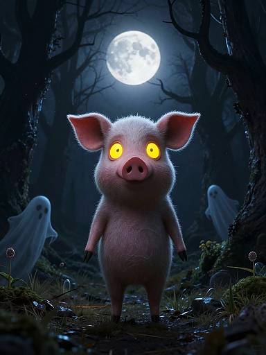 CGI illustration of a glowing-eyed, fluffy pig standing in a dark, spooky forest under a full moon, with two ghostly figures in the background