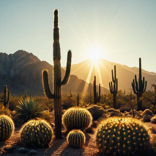 Sunrise over Desert Cacti and Mountains Sunrise over Desert Cacti and Mountains