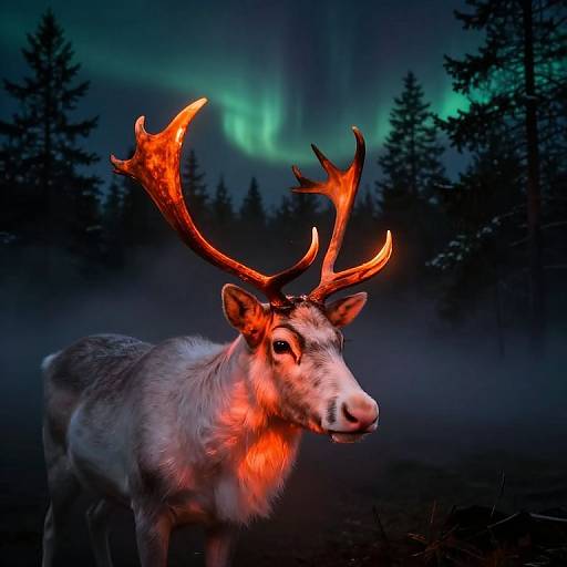 Photograph of a reindeer with glowing red antlers standing in a misty forest at night, with vibrant green northern lights in the background.