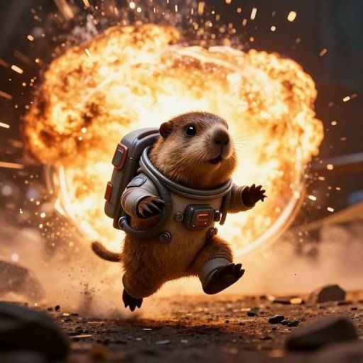 Digital artwork: Adorable brown ferret in a small astronaut suit, mid-jump, with a large, bright explosion in the background.