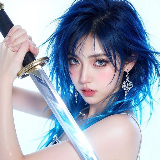 Vibrant Azure Girl with Sword