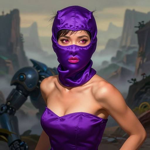 Digital art: Asian woman with purple hood and mask, strapless purple top, revealing shoulders, pink lips, red eyes, sci-fi ruins background.