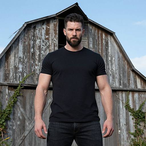 Photograph of a muscular, bearded man with short dark hair, wearing a black t-shirt and black jeans, standing in front of a weathered
