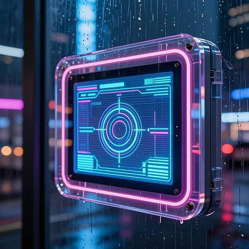 Neon-lit, rain-covered digital display screen with blue and pink glowing lines, centered on a rainy city street at night.