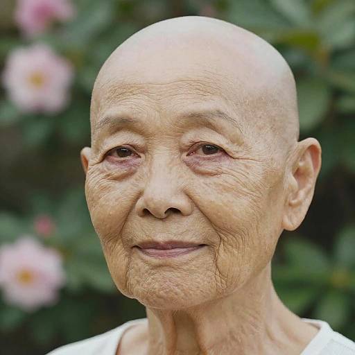 Photograph of an elderly Asian woman with a bald head, wrinkled skin, and a gentle smile, set against a blurred green foliage background with pink