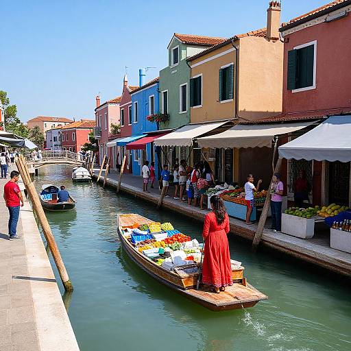 Vibrant photograph of a Venetian canal with colorful buildings, a woman in a red dress selling goods from a boat, and pedestrians under white