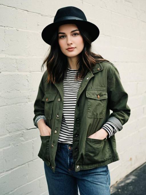 Woman in Casual Olive Green Utility Jacket and Black Hat