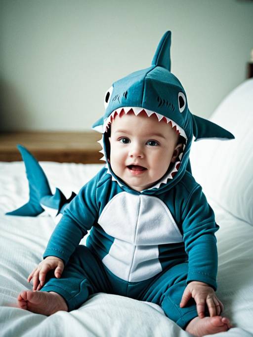 Baby in Shark Costume Sitting on Bed