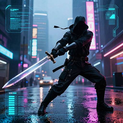 Neon-lit cyberpunk city street at night. Silhouetted ninja with glowing sword, crouched, ready to strike. Rain reflects
