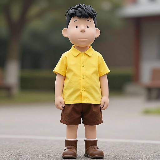 Photorealistic 3D CGI of a young Asian boy with short black hair, wearing a yellow shirt, brown shorts, white socks, and brown