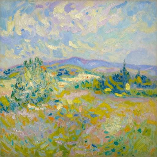 Impressionist oil painting of a vibrant, sunlit meadow with swirling brushstrokes in blue, yellow, green, and white, featuring distant
