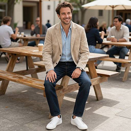Photograph of a smiling, bearded man with curly brown hair, wearing a beige blazer, light blue shirt, dark jeans, and white sneakers